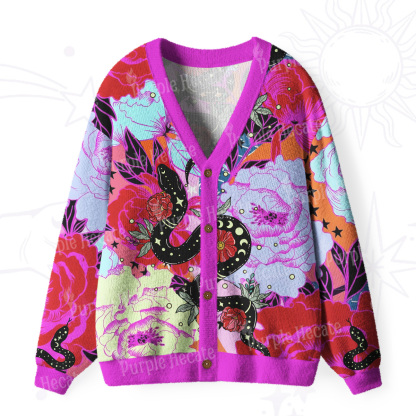 Purplehecate Enchanted Black Serpent & Floral Pattern Ugly Cardigan Sweaters