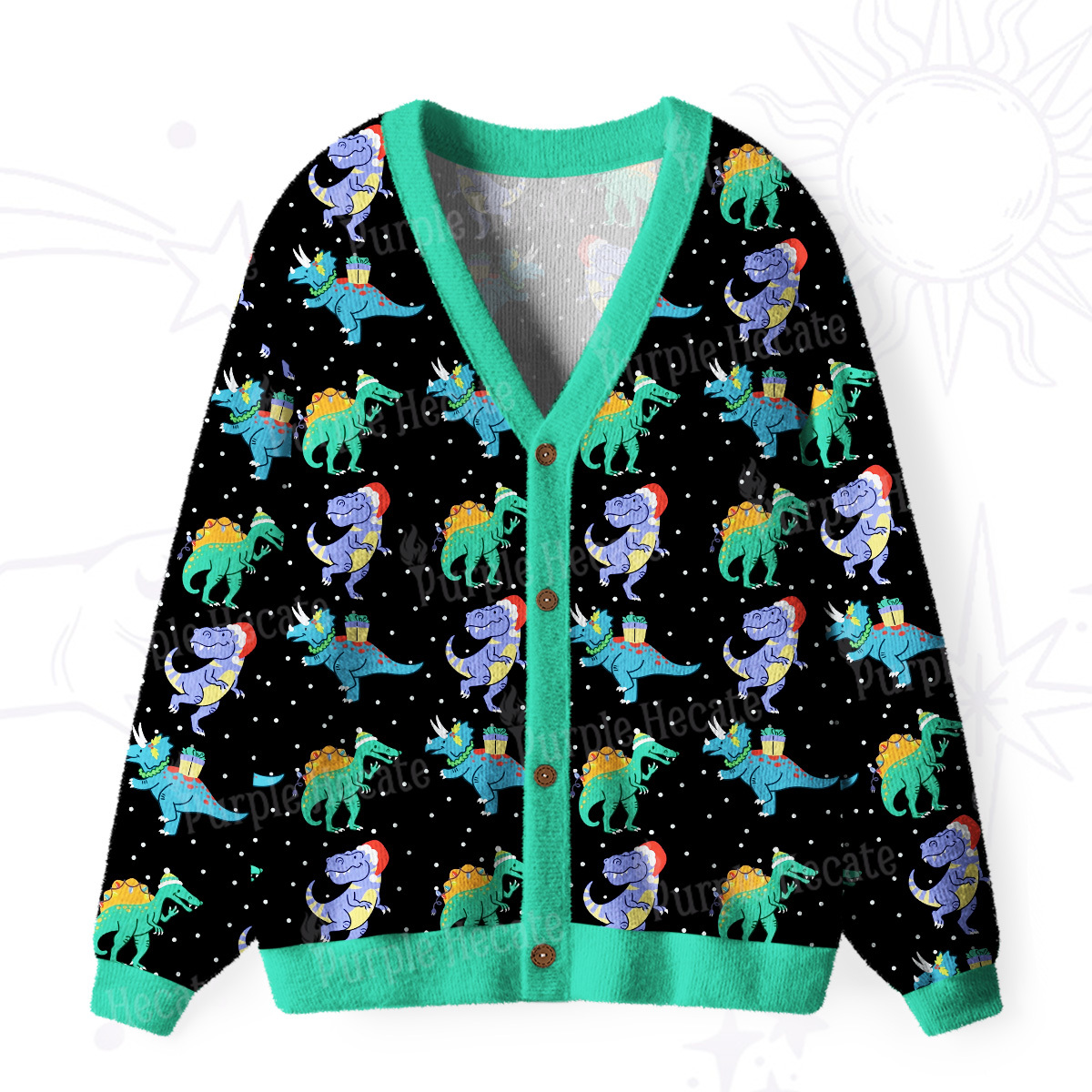 Purplehecate Funny Christmas Dinosaurs Ugly Cardigan Sweaters