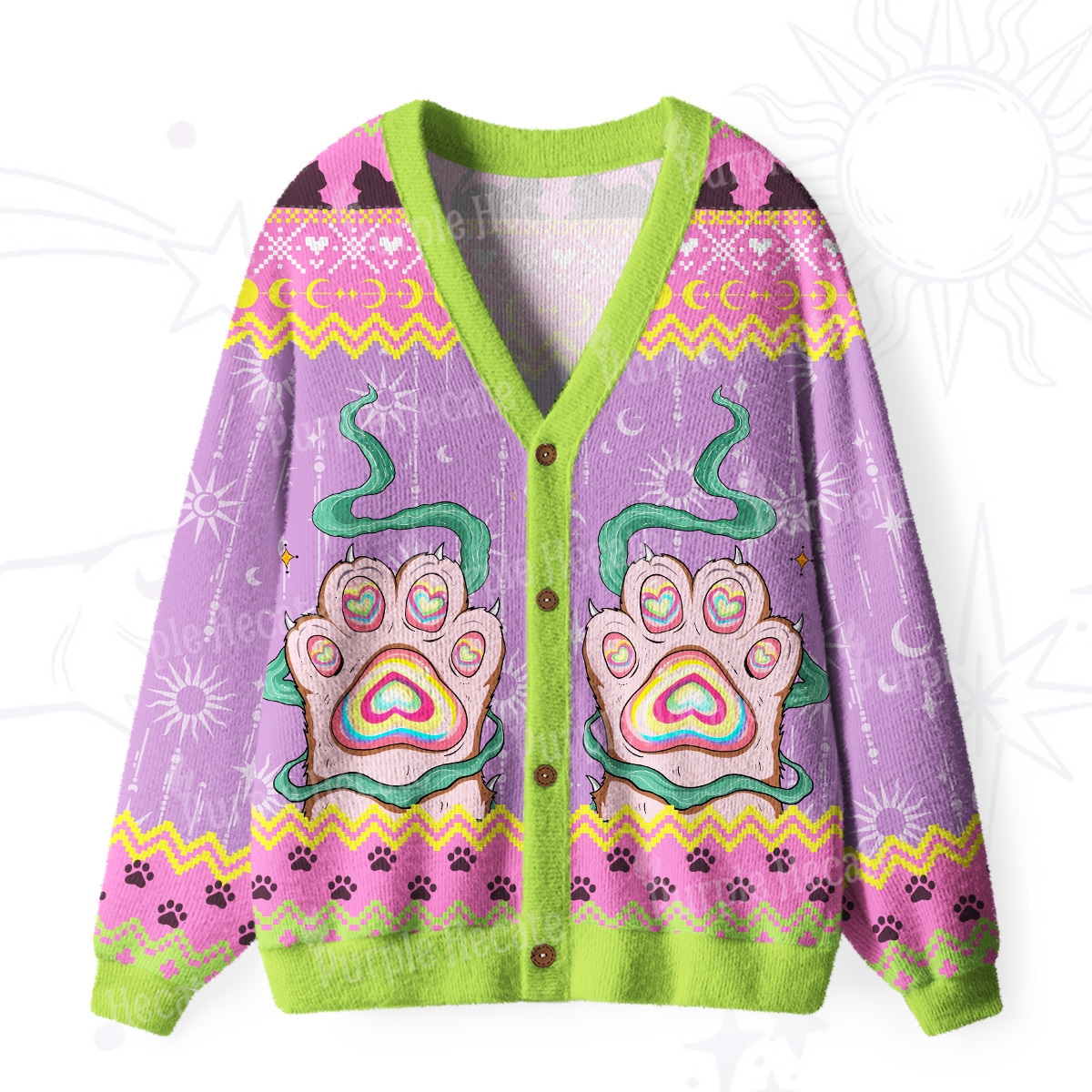 Purplehecate Pastel Cat Paw Magic Ugly Cardigan Sweaters