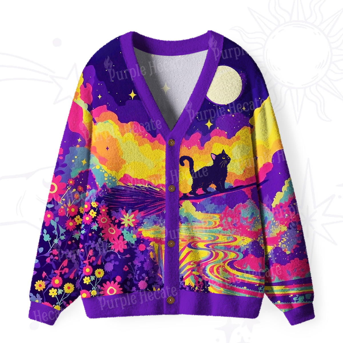 Purplehecate Midnight Cosmic Cat Fantasy Ugly Cardigan Sweaters