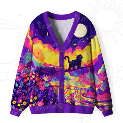 Purplehecate Midnight Cosmic Cat Fantasy Ugly Cardigan Sweaters