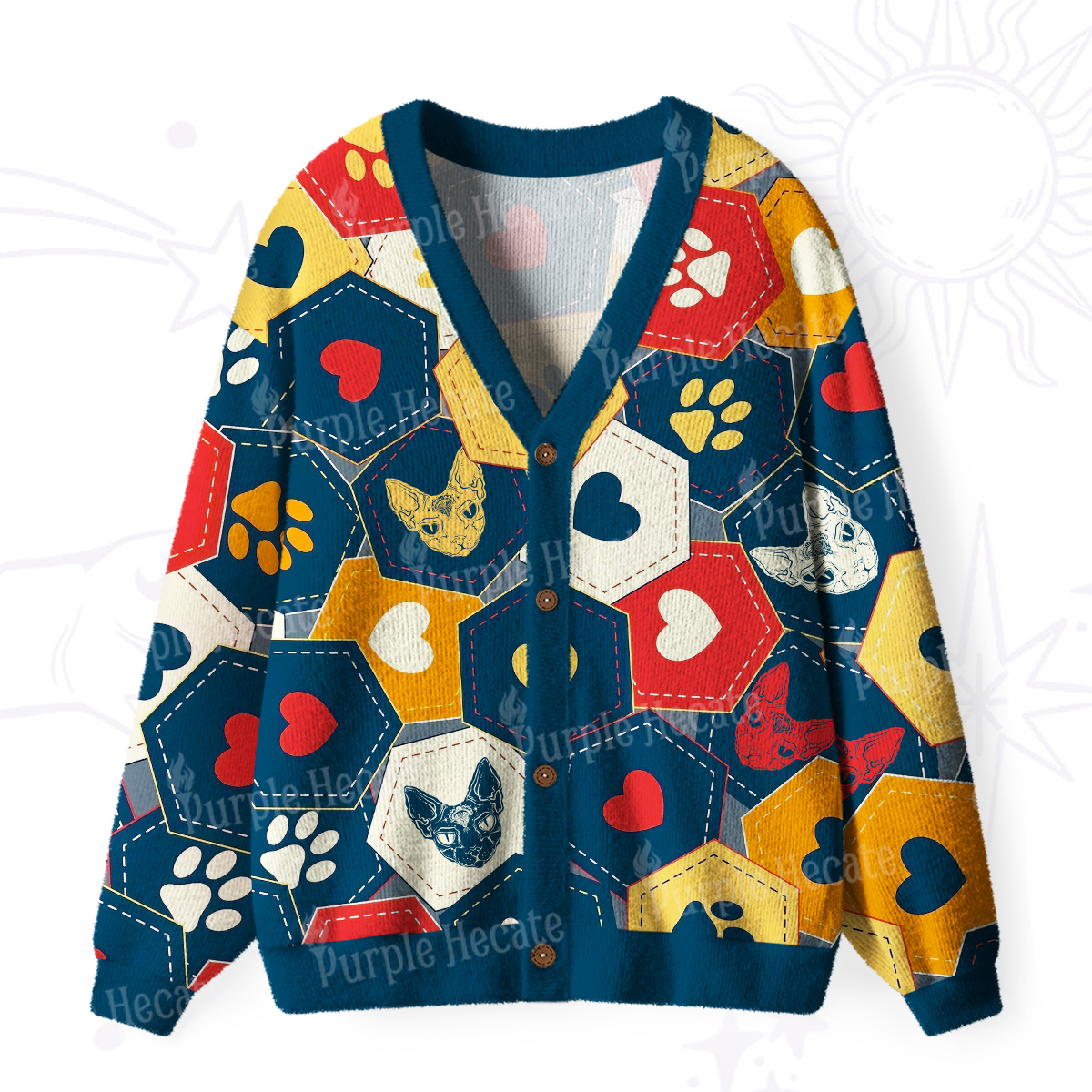 Purplehecate Whimsical Cat Paw Love Ugly Cardigan Sweaters