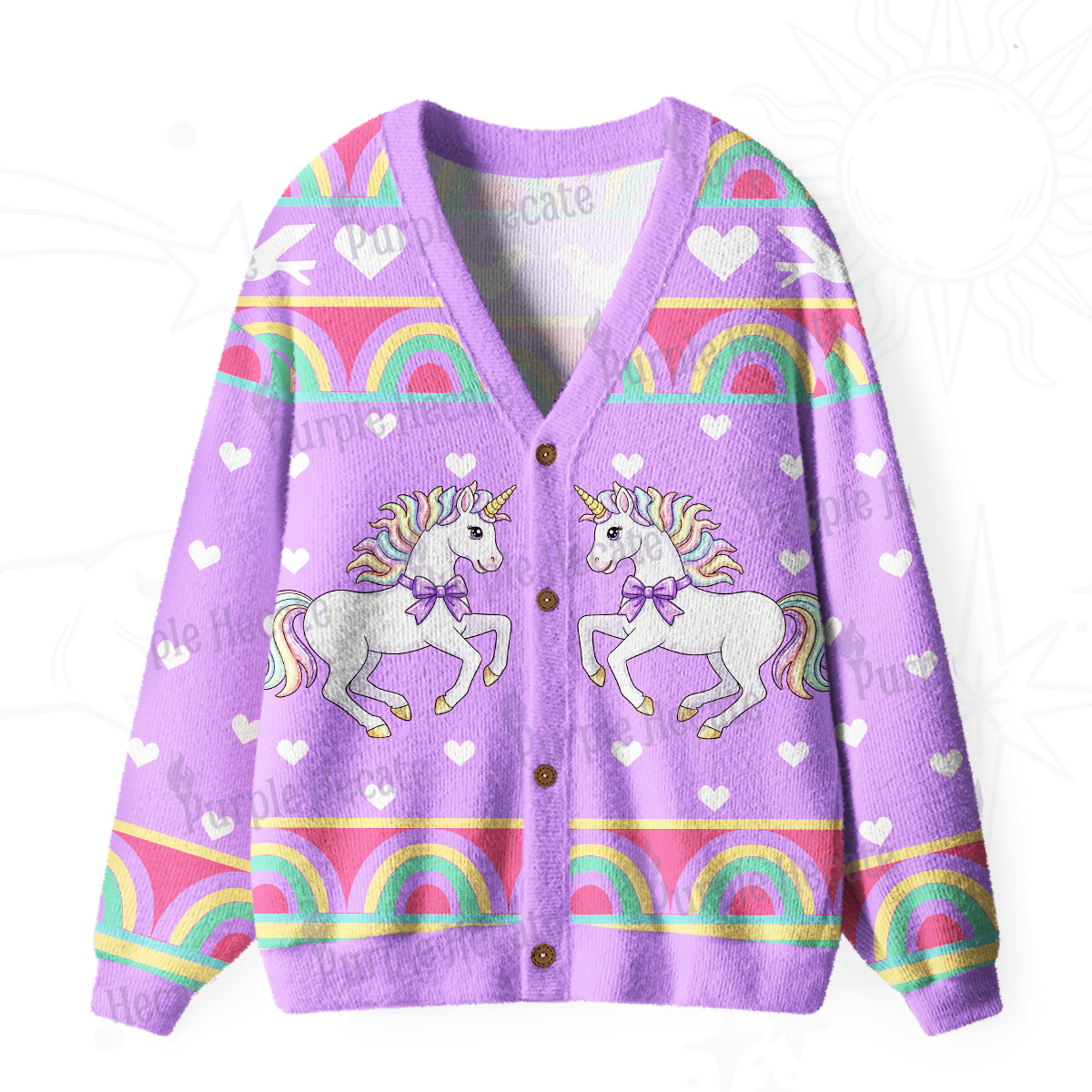 Purplehecate Enchanted Unicorn Rainbow Ugly Cardigan Sweaters