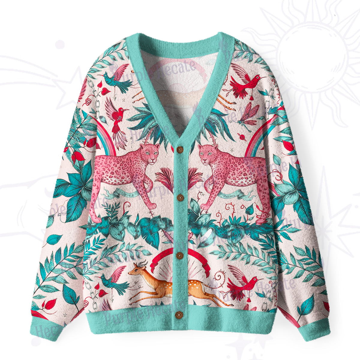 Purplehecate Enchanted Forest Pink Leopard Ugly Cardigan Sweaters