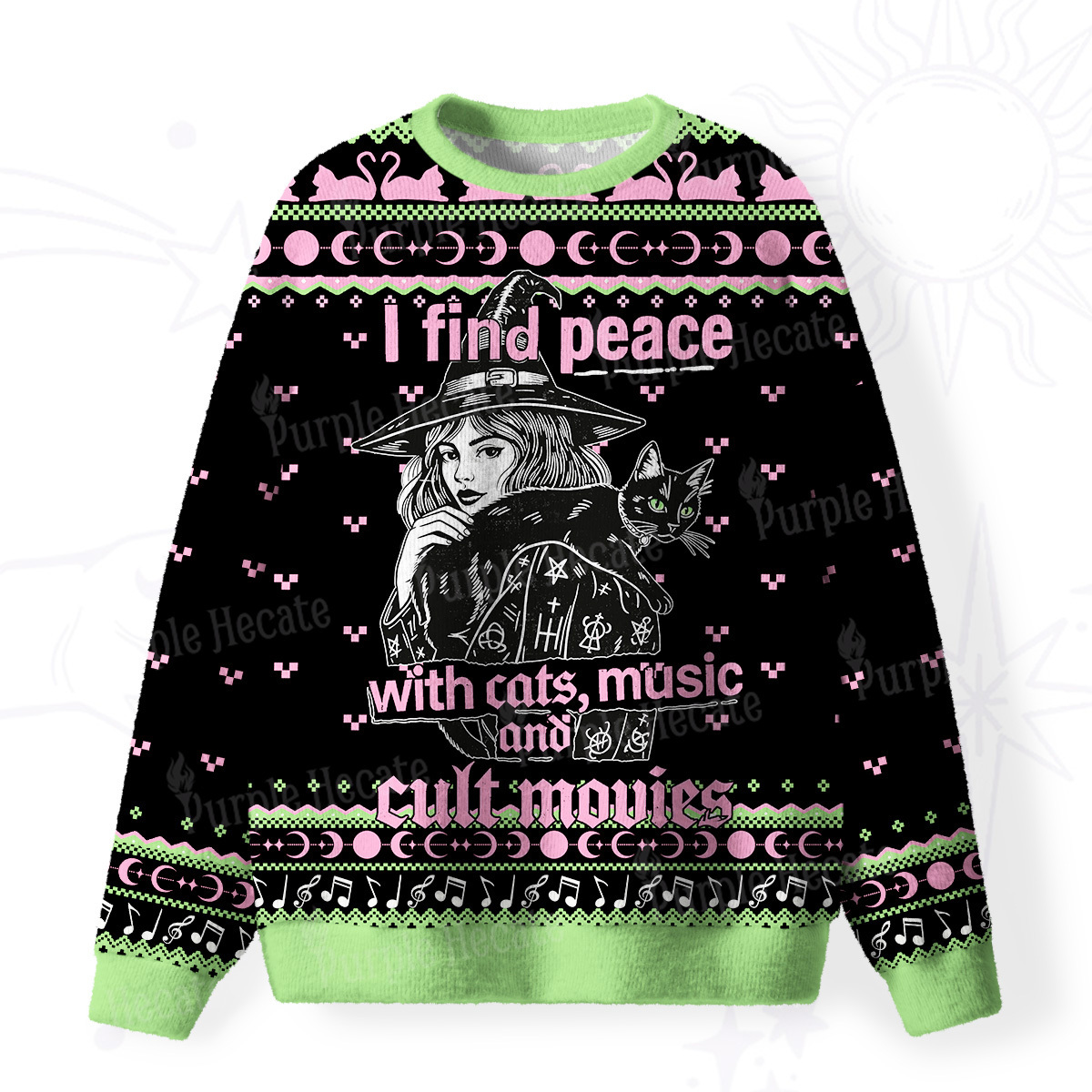 Purplehecate I Find Peace With Cats Music Cult Movies Fuzzy Ugly Sweatshirt