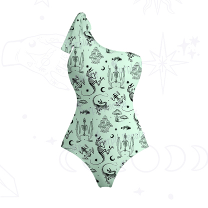 Purplehecate Prehistoric Fantasy One-Shoulder One-Piece Swimsuit