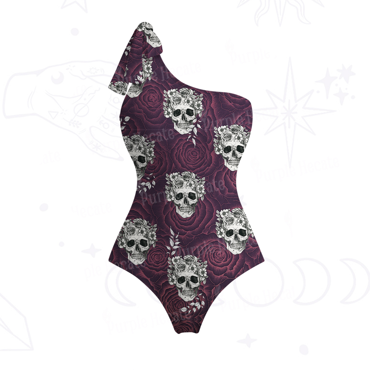 Purplehecate Rose Skull One-Shoulder One-Piece Swimsuit