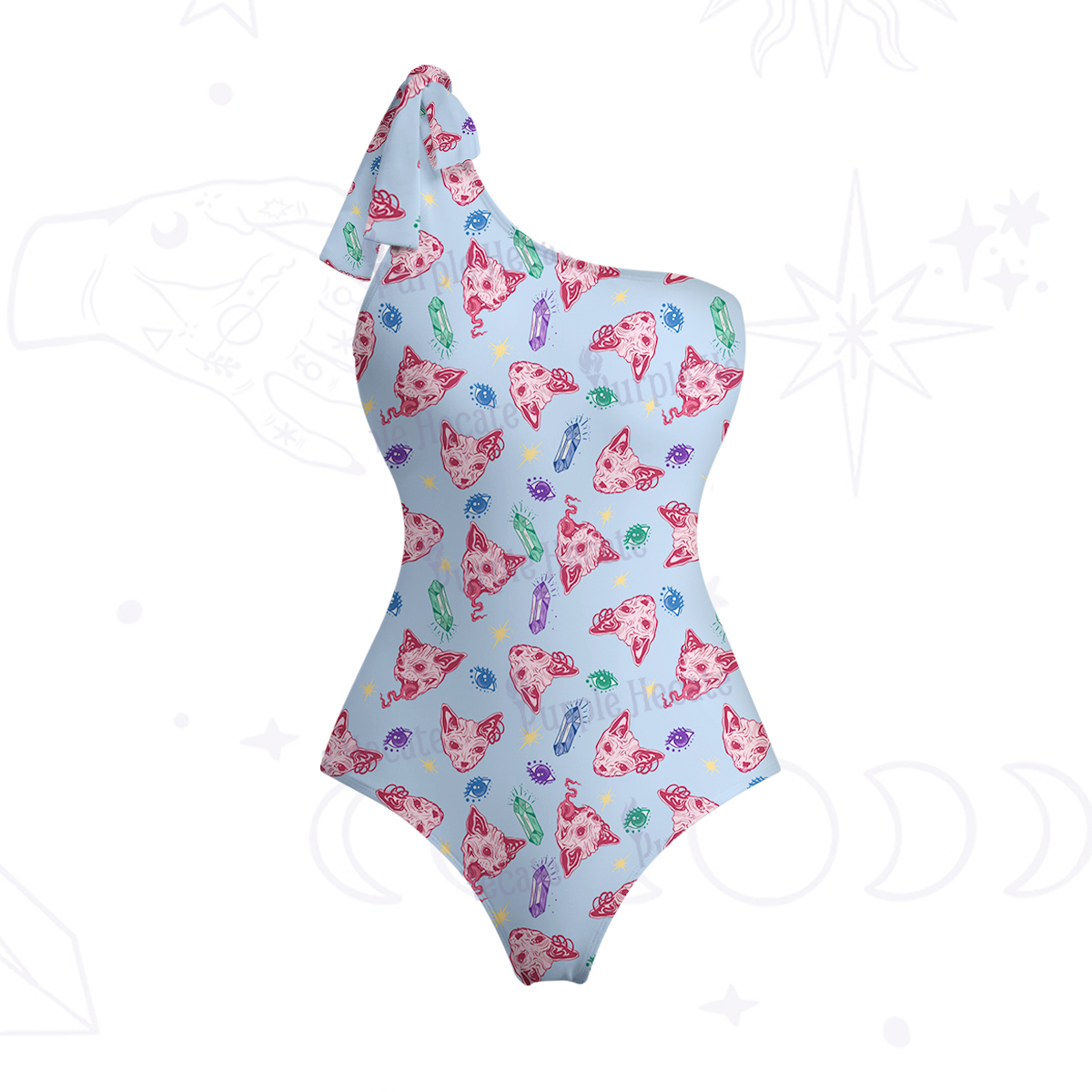 Purplehecate Crystal Cat Skull One-Shoulder One-Piece Swimsuit