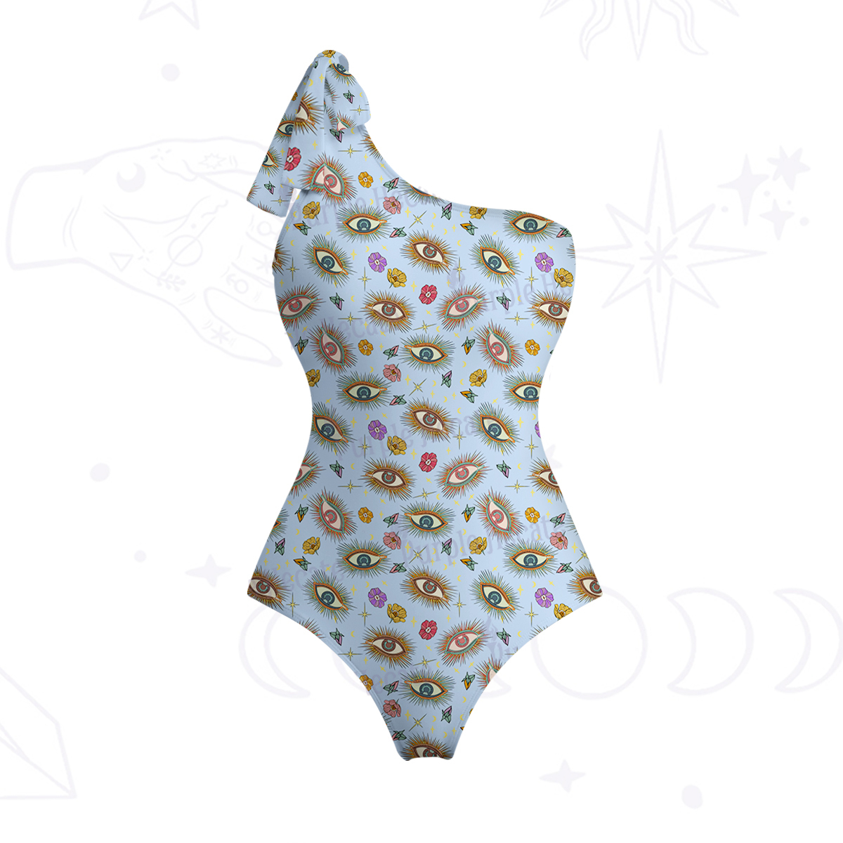 Purplehecate Evil Eye Pattern One-Shoulder One-Piece Swimsuit