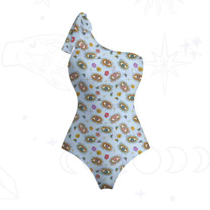 Purplehecate Evil Eye Pattern One-Shoulder One-Piece Swimsuit