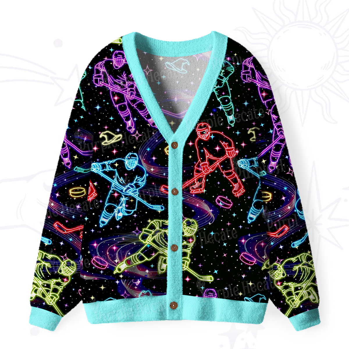 Purplehecate Neon Night Hockey Ugly Cardigan Sweaters
