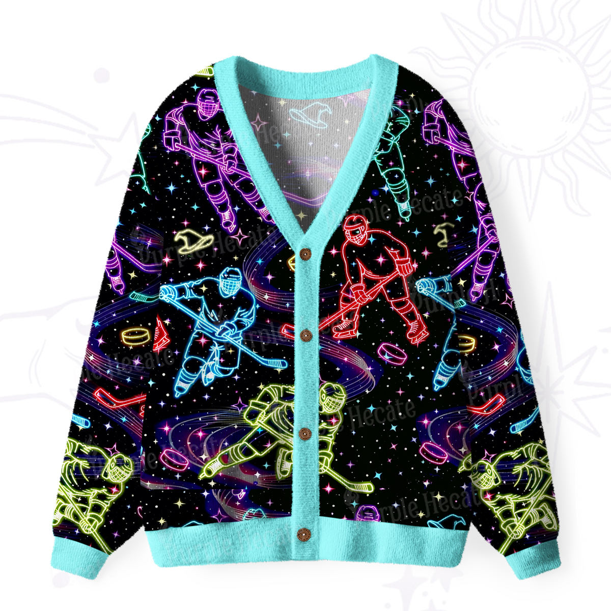 Purplehecate Neon Night Hockey Ugly Cardigan Sweaters