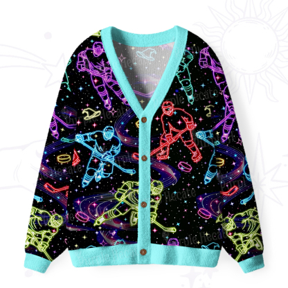 Purplehecate Neon Night Hockey Ugly Cardigan Sweaters