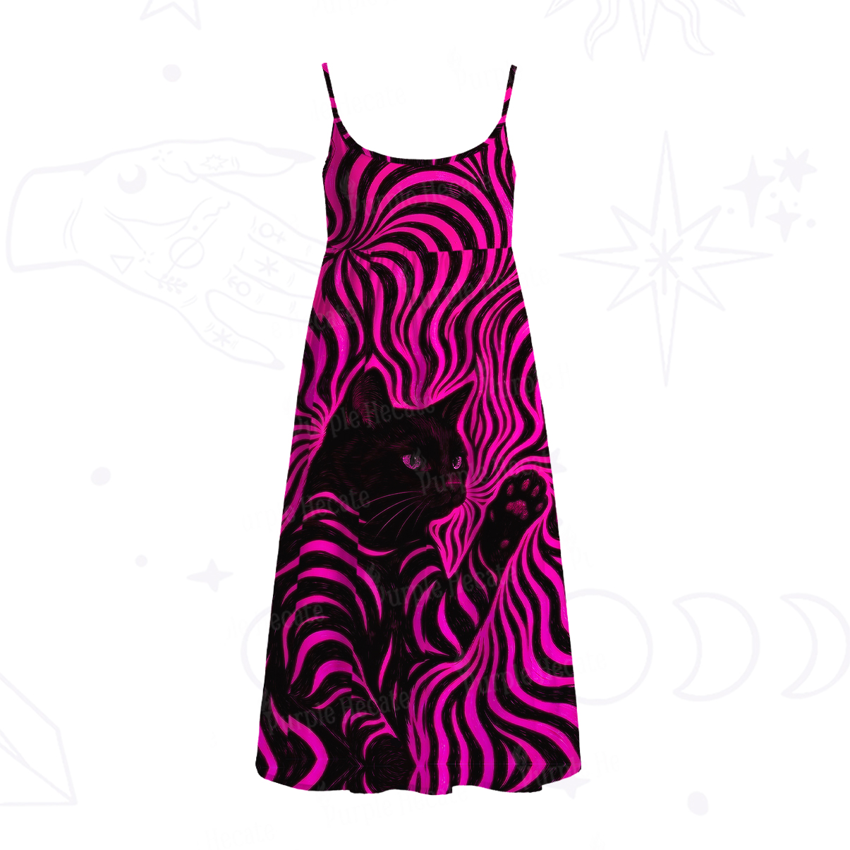 Purplehecate Psychedelic Cat Spaghetti Strap Midi Dress