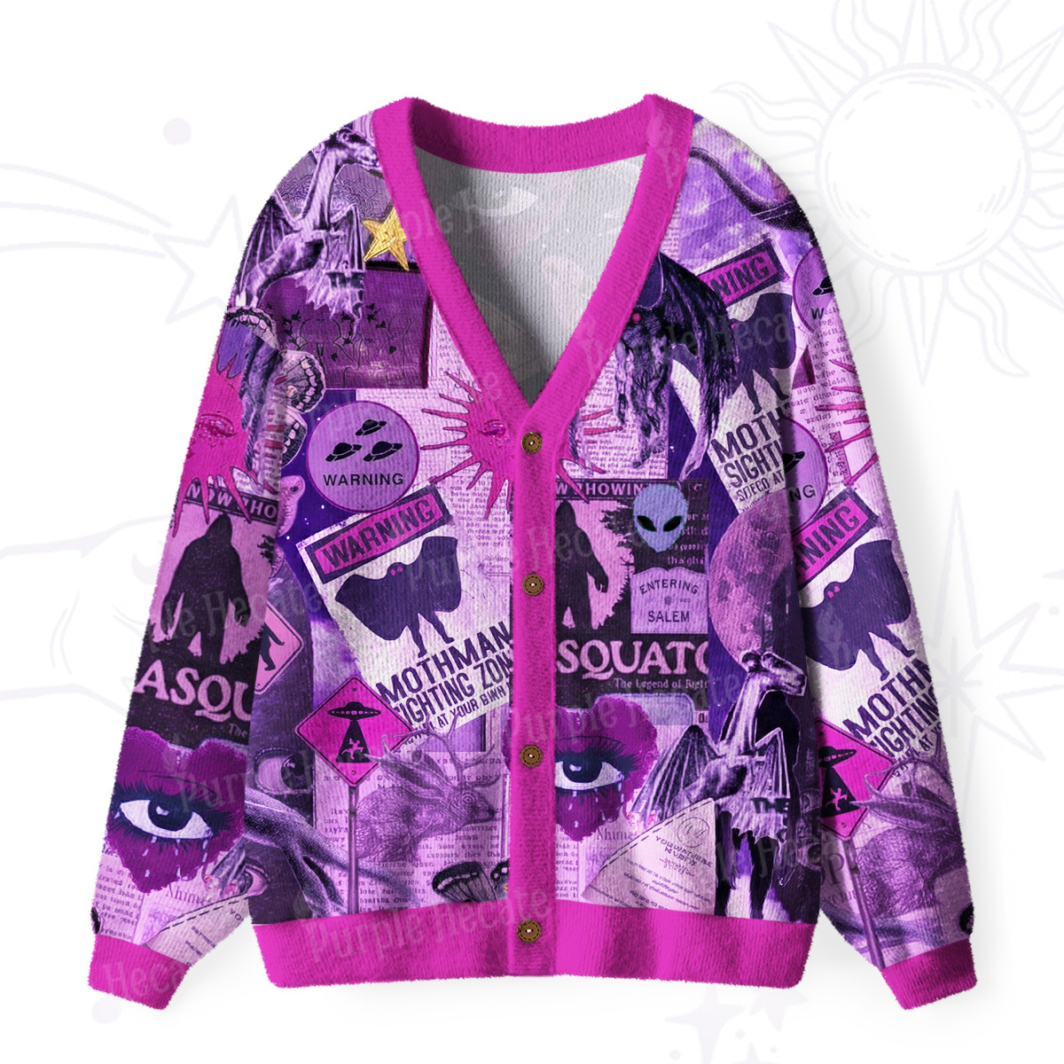 Purplehecate Cryptid Warning Collage Ugly Cardigan Sweaters