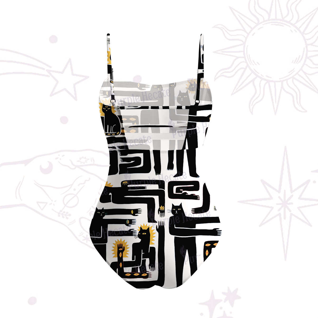 Purplehecate Whimsical Abstract Cat Slim-Strap Swimsuit