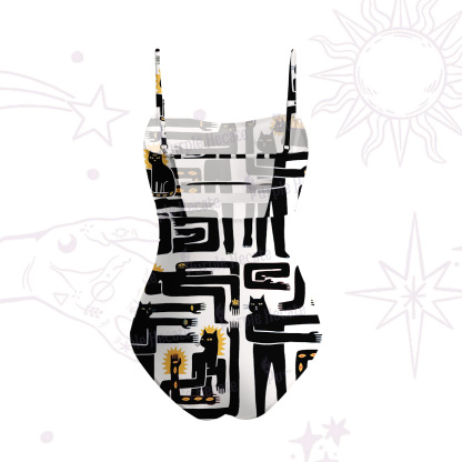 Purplehecate Whimsical Abstract Cat Slim-Strap Swimsuit