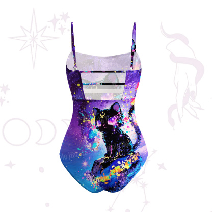 Purplehecate Neon Galaxy Cat Fantasy Slim-Strap Swimsuit