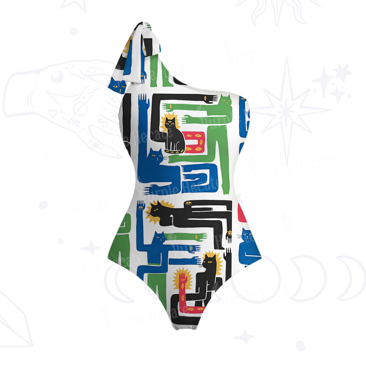 Purplehecate Whimsical Abstract Cat One-Shoulder One-Piece Swimsuit