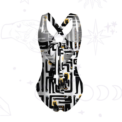 Purplehecate Whimsical Abstract Cat One-Piece Swimsuit
