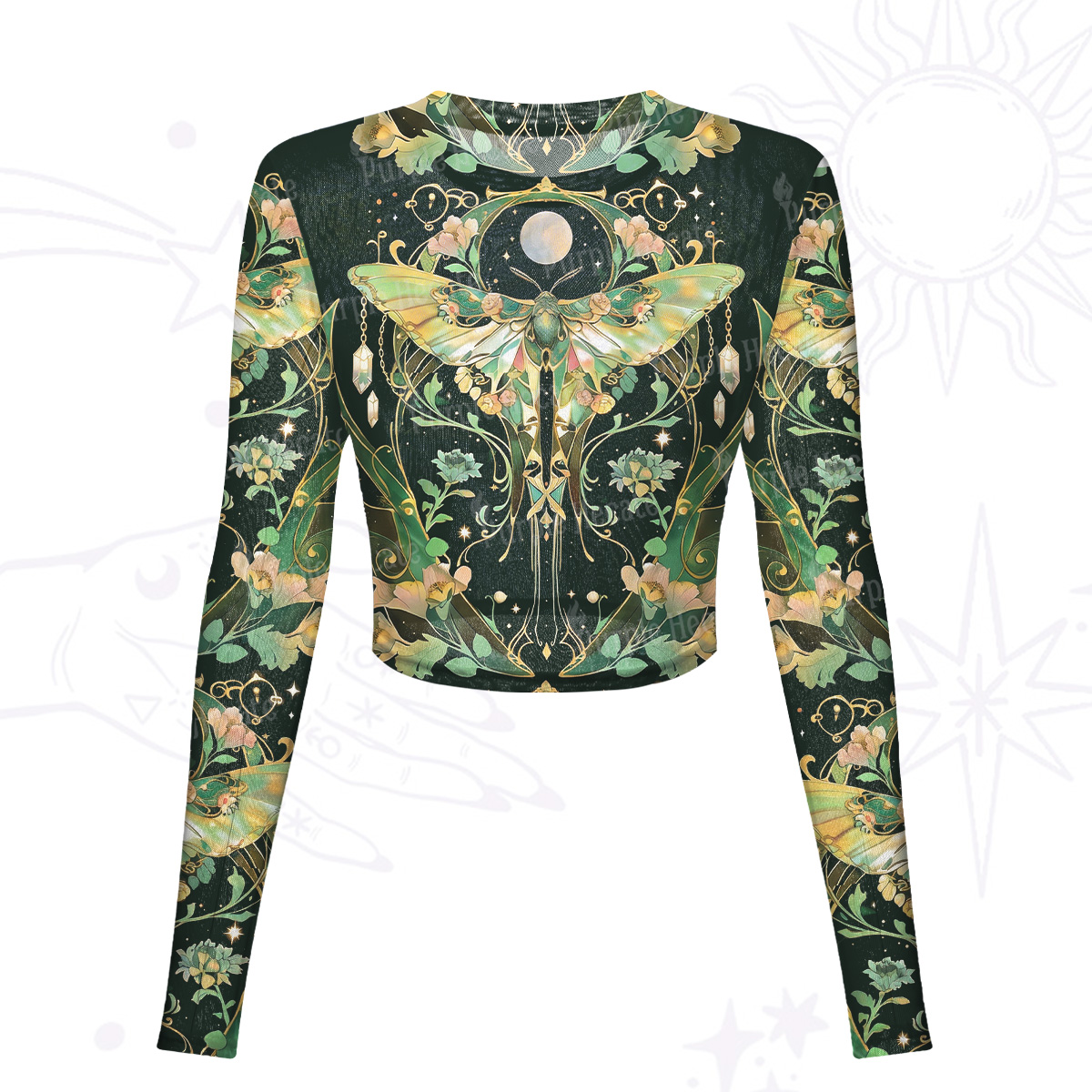 Purplehecate Moon Moth Rave Mesh Long Sleeve Crop Top