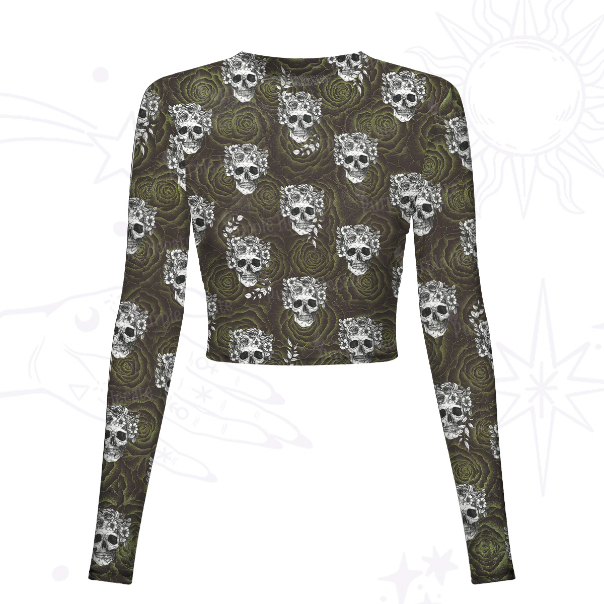 Purplehecate Rose Skull Mesh Long Sleeve Crop Top
