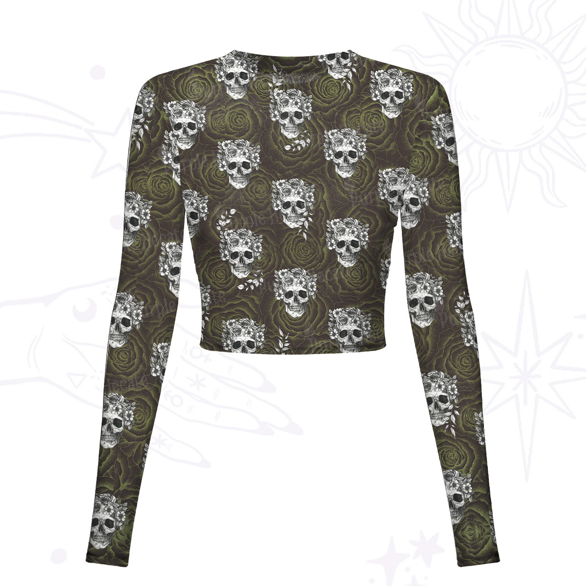 Purplehecate Rose Skull Mesh Long Sleeve Crop Top