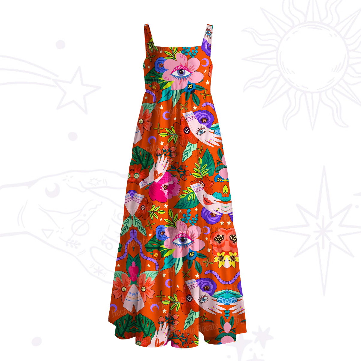 Purplehecate Daisy Cat Garden Wide Straps Maxi Dress