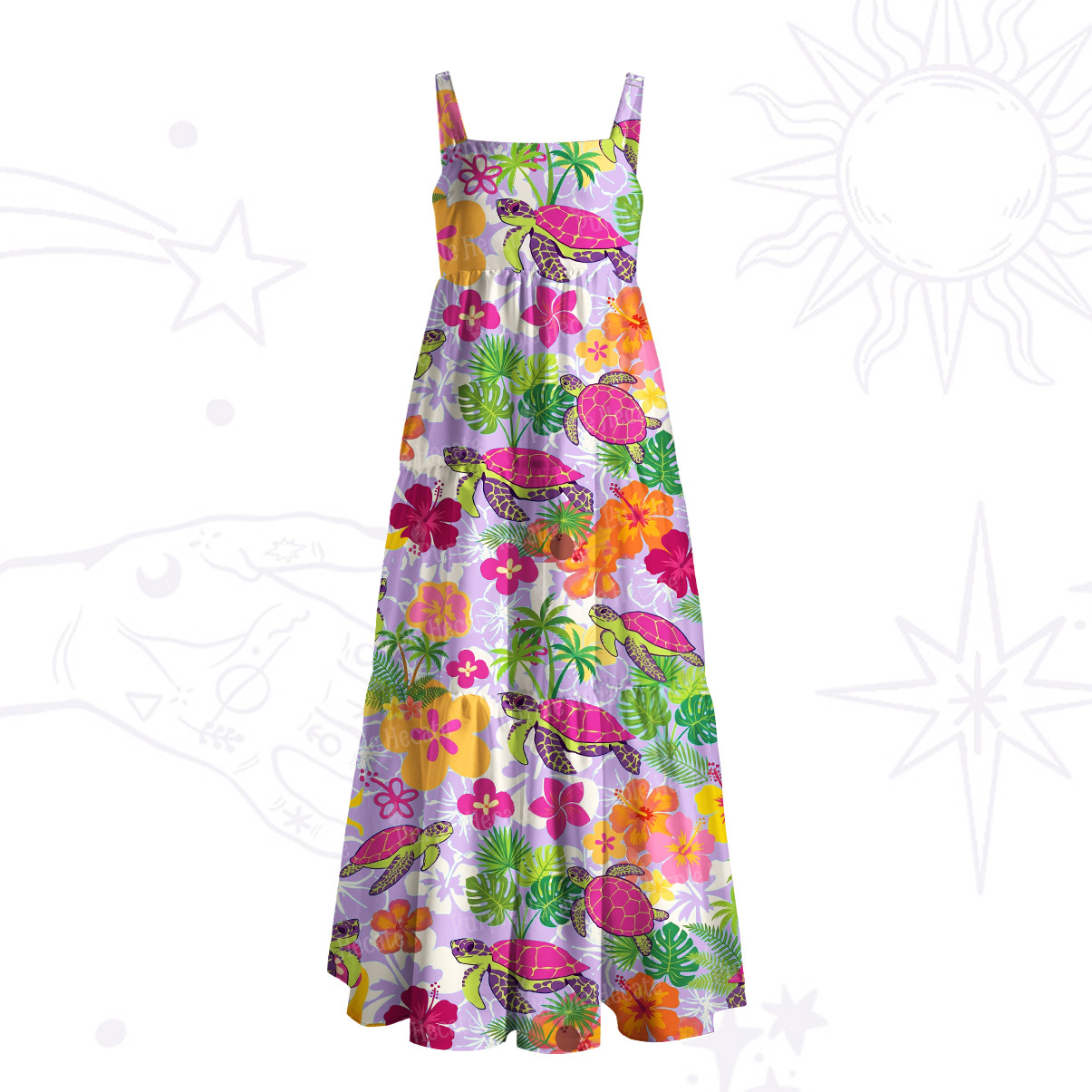 ]Purplehecate Hibiscus Sea Turtle Tropical Paradise Wide Straps Maxi Dress