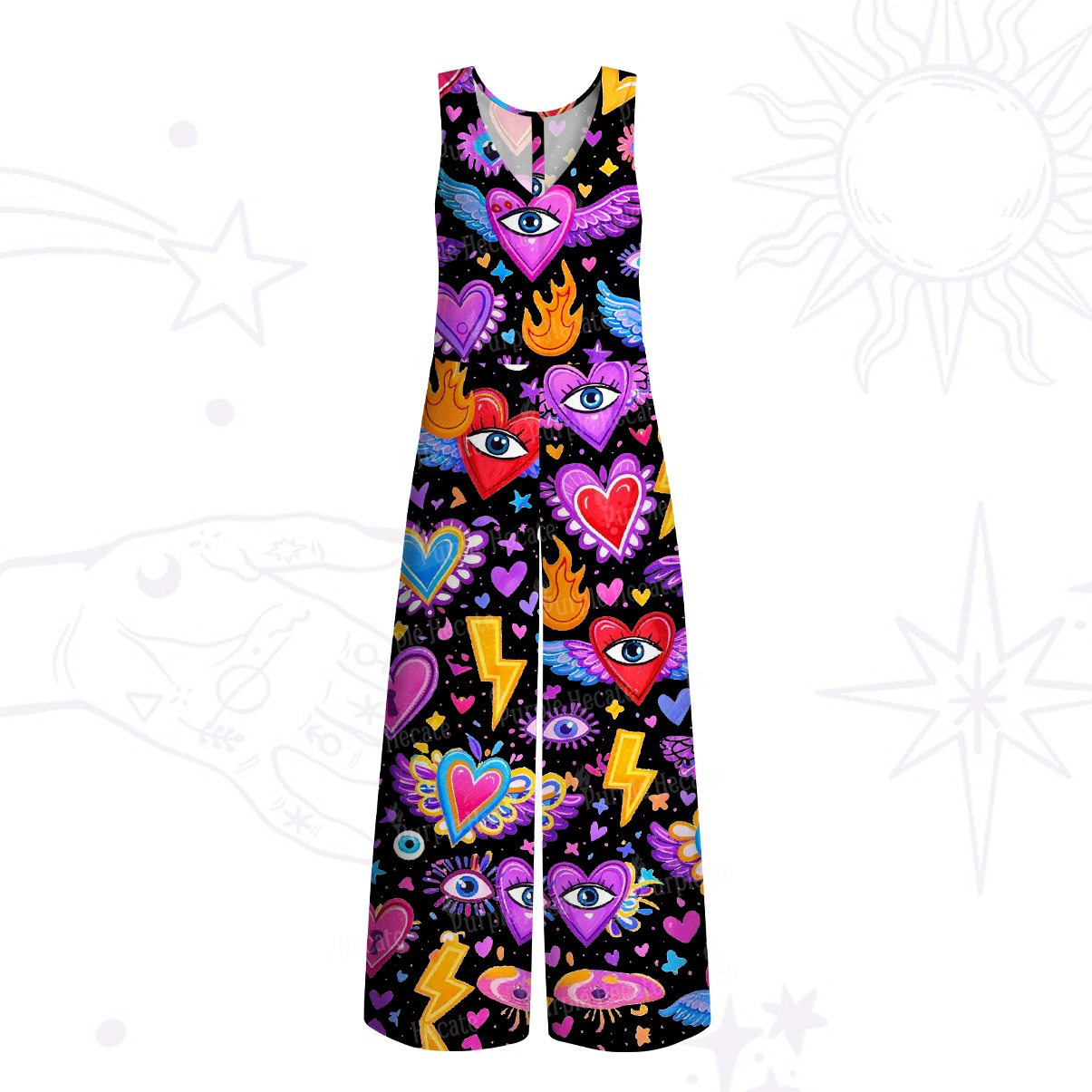 Purplehecate Mystic Heart Eye Wing Wide Leg Jumpsuit