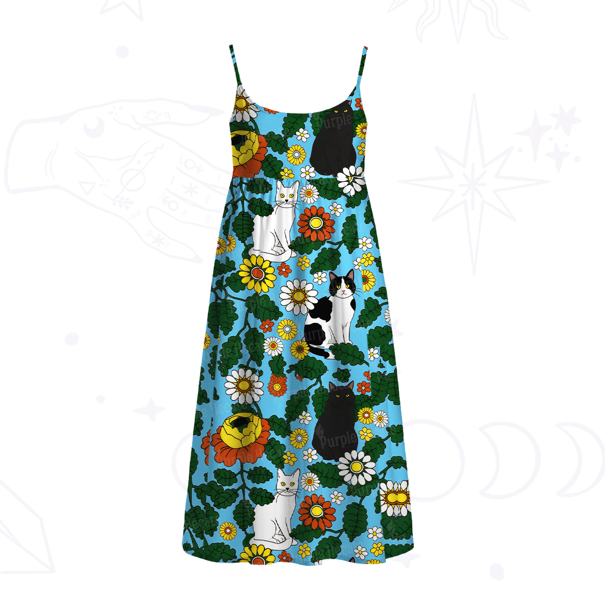 Purplehecate Daisy Cat? Garden Spaghetti Strap Midi Dress