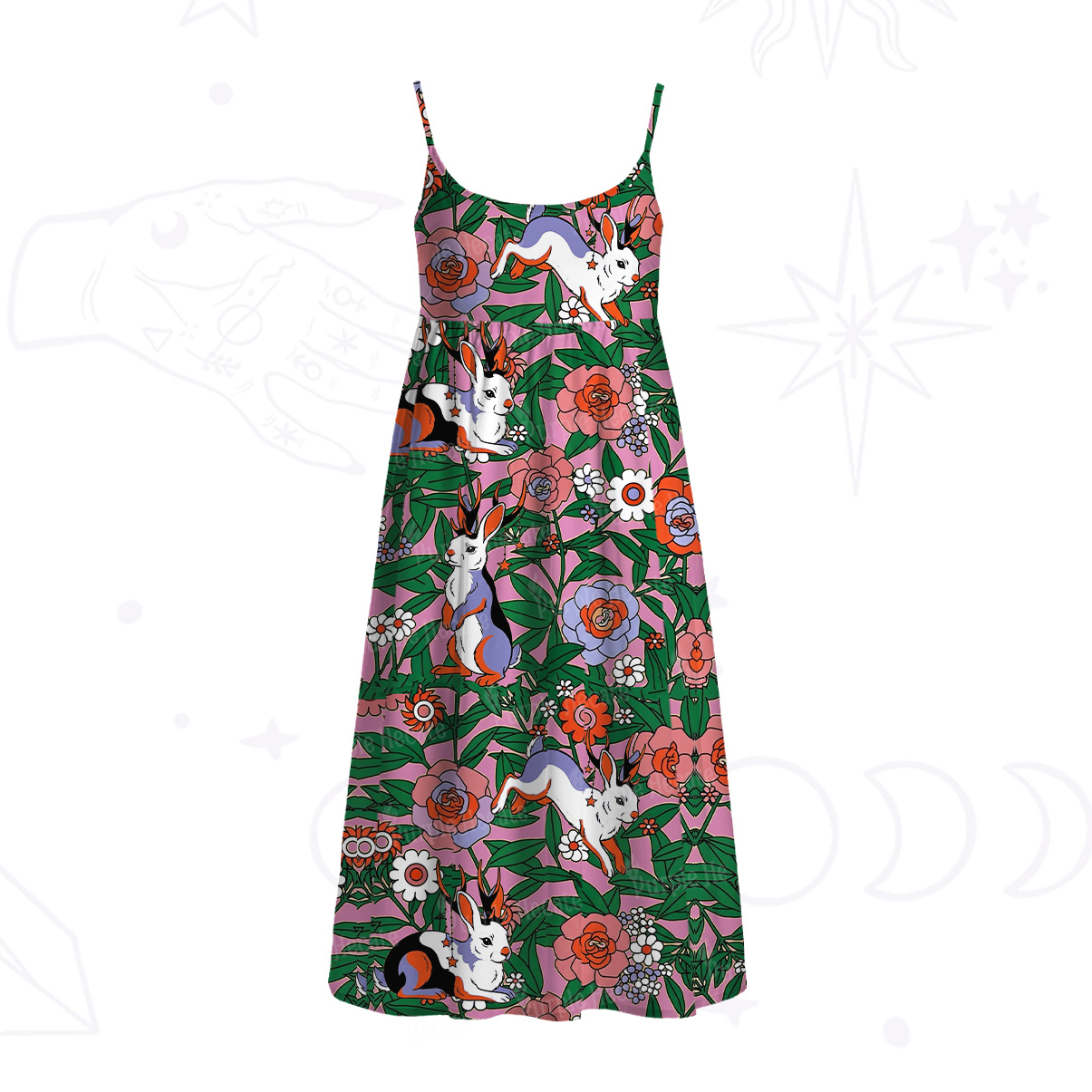 Purplehecate Mystic Blossom Bunny Garden Spaghetti Strap Midi Dress