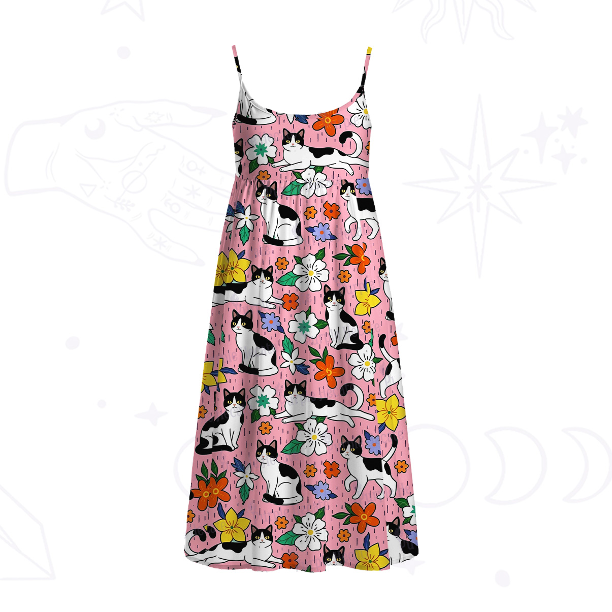 Purplehecate Enchanted Spring Whispering Cat Spaghetti Strap Midi Dress