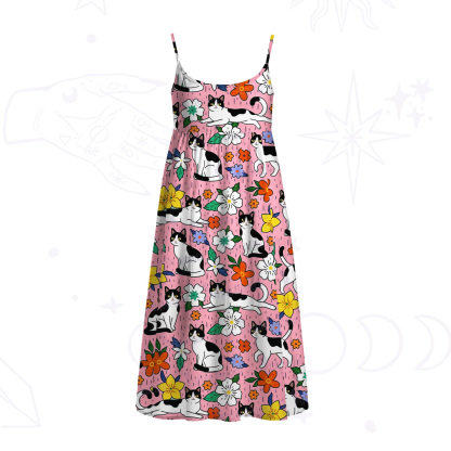Purplehecate Enchanted Spring Whispering Cat Spaghetti Strap Midi Dress