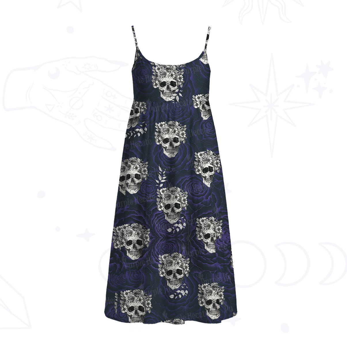 Purplehecate Rose Skull Spaghetti Strap Midi Dress