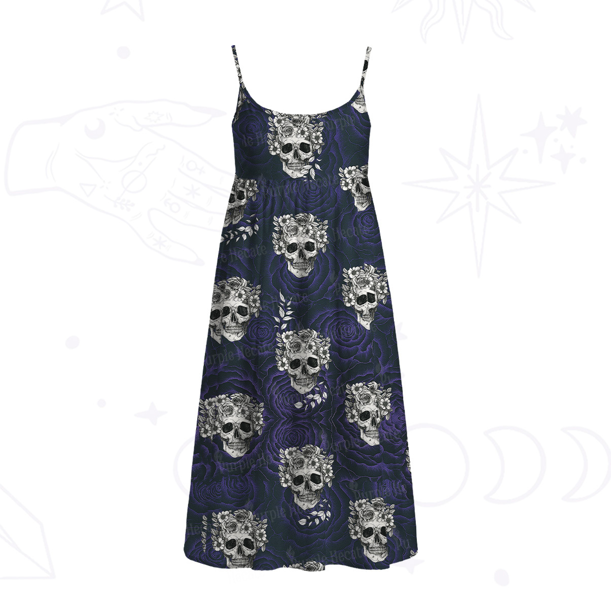 Purplehecate Rose Skull Spaghetti Strap Midi Dress