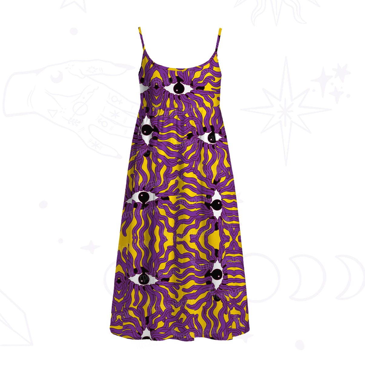 Purplehecate Psychedelic Wave Eyes Spaghetti Strap Midi Dress