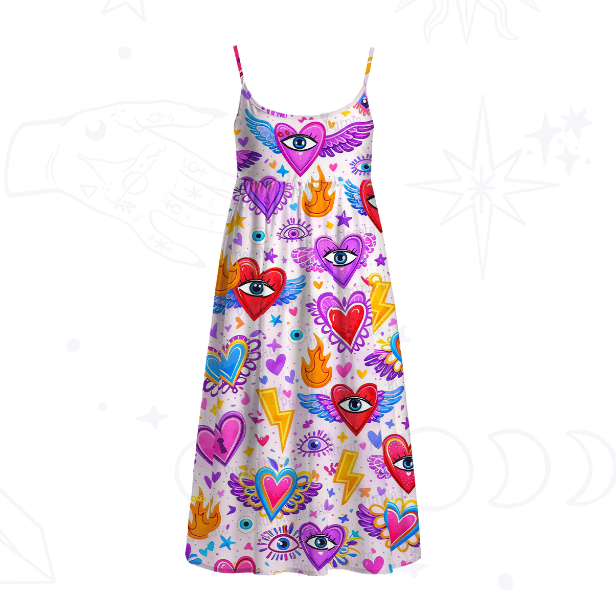 Purplehecate Mystic Heart Eye Wings Spaghetti Strap Midi Dress