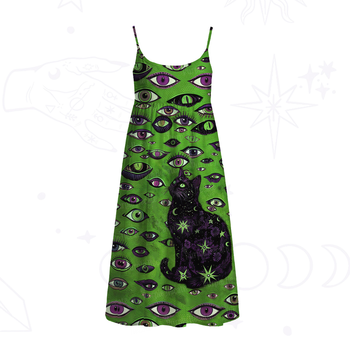 Purplehecate Cosmic Watcher Cat Spaghetti Strap Midi Dress