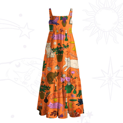 Purplehecate Lazy Cats in the Flower House Wide Straps Maxi Dress