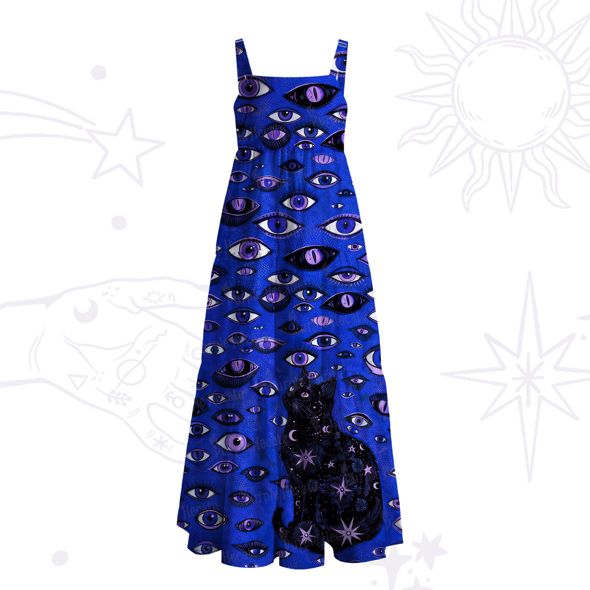 Purplehecate Cosmic Watcher Cat Wide Straps Maxi Dress