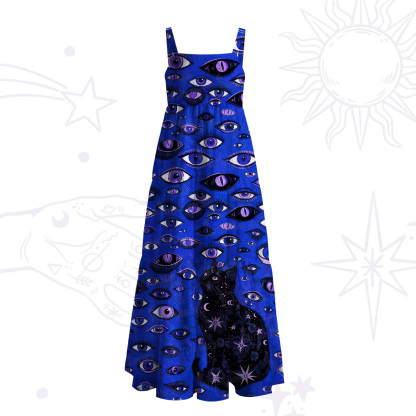 Purplehecate Cosmic Watcher Cat Wide Straps Maxi Dress