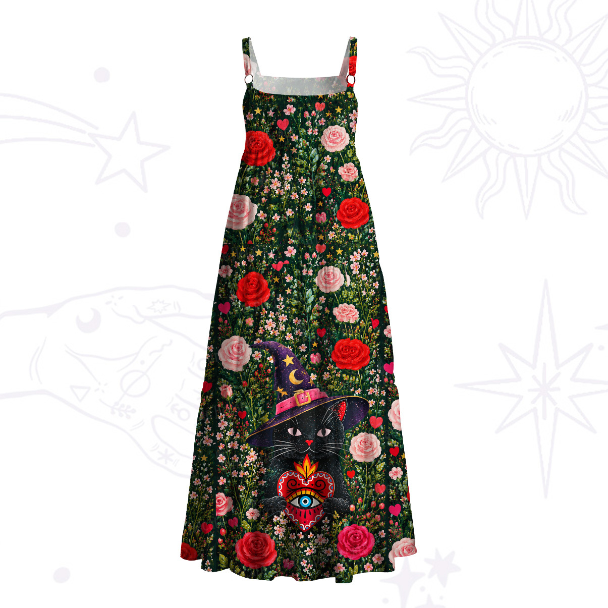 Purplehecate Secret Garden Witch Cat Wide Straps Maxi Dress