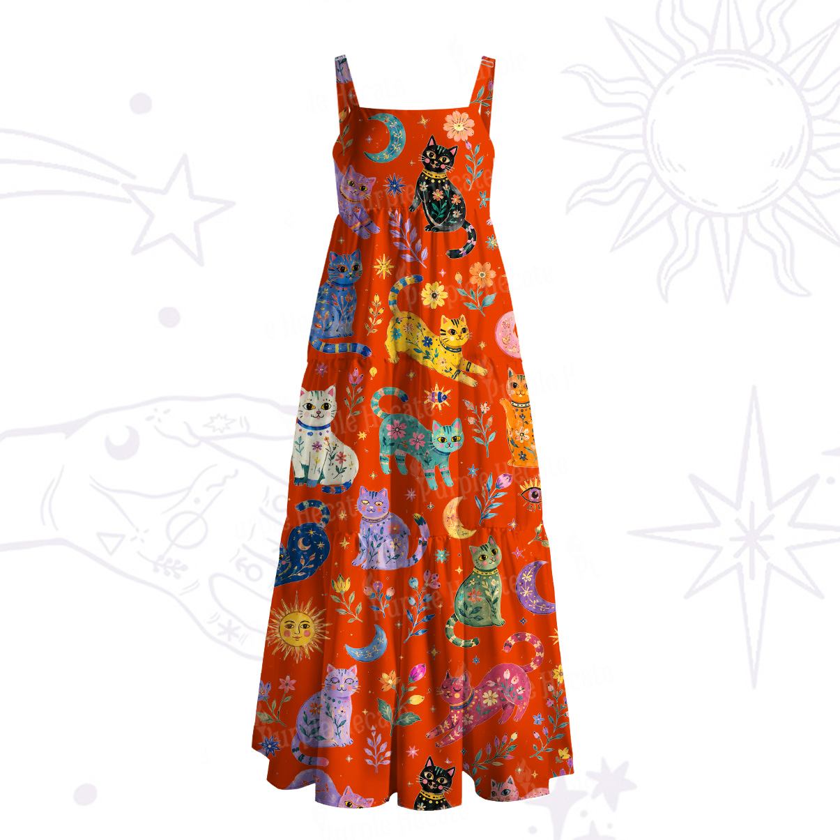 Purplehecate Rainbow Magic Cats Wide Straps Maxi Dress