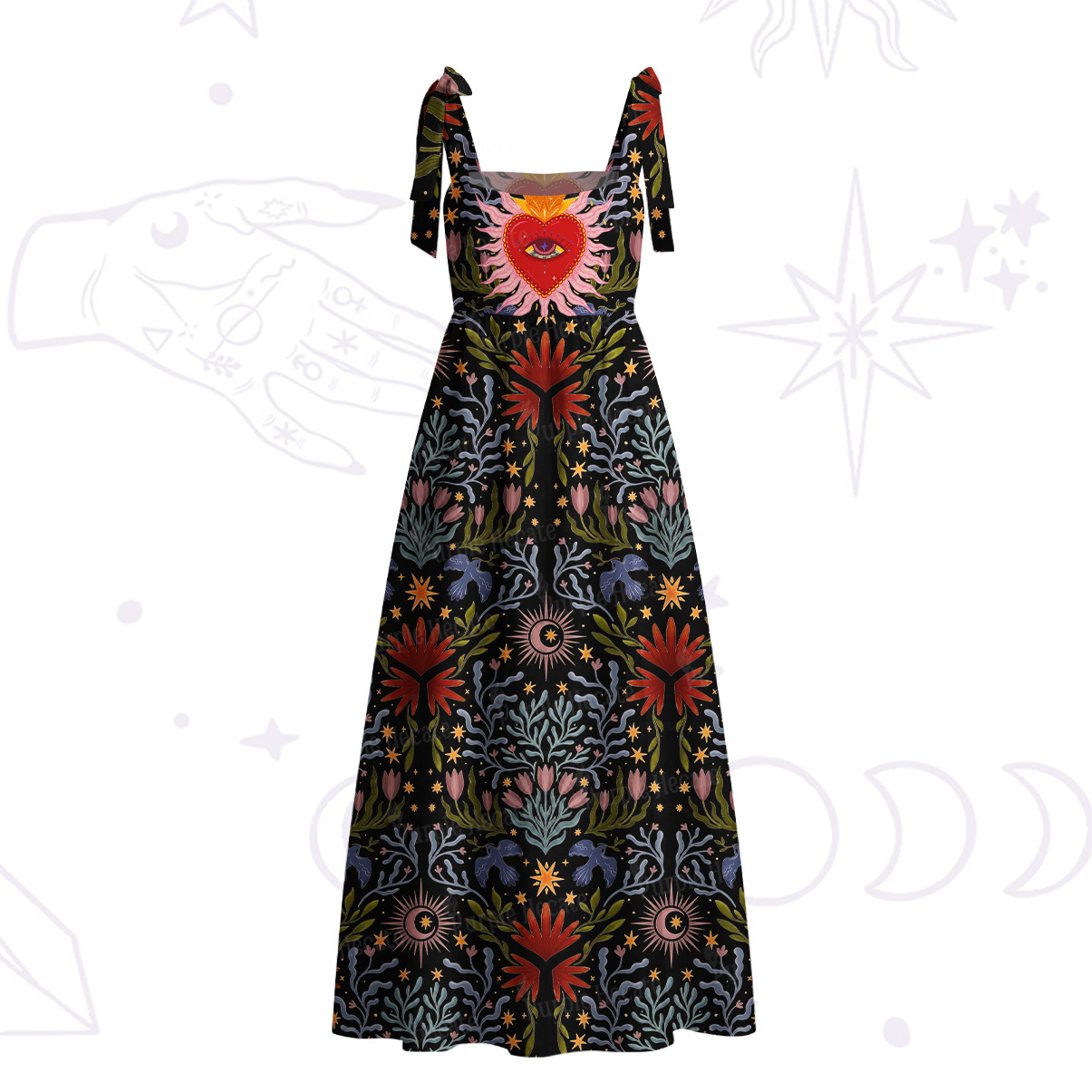 Purplehecate Sacred Flame Hear Tie Shoulder Maxi Dress