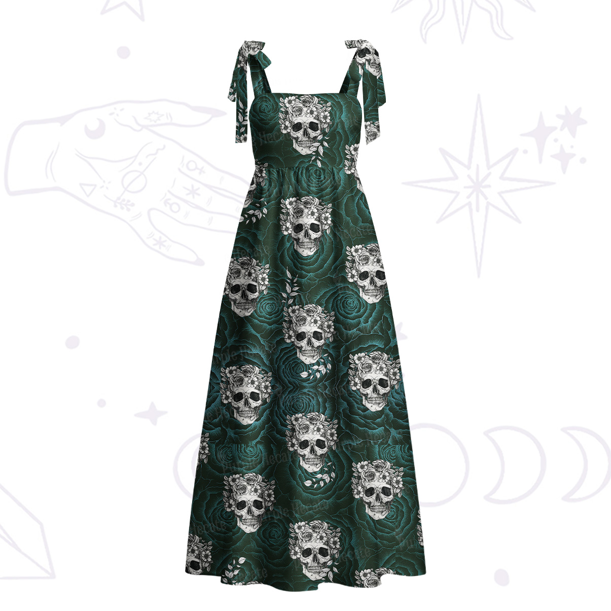 Purplehecate Rose Skull Tie Shoulder Maxi Dress