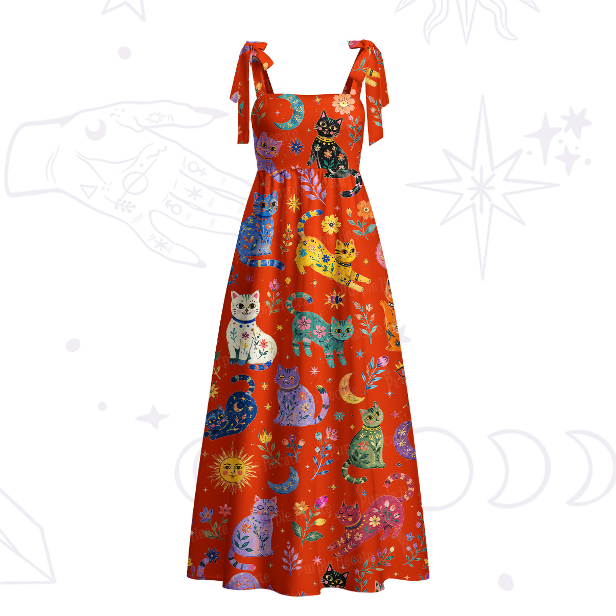 Purplehecate Rainbow Magic Cats Tie Shoulder Maxi Dress