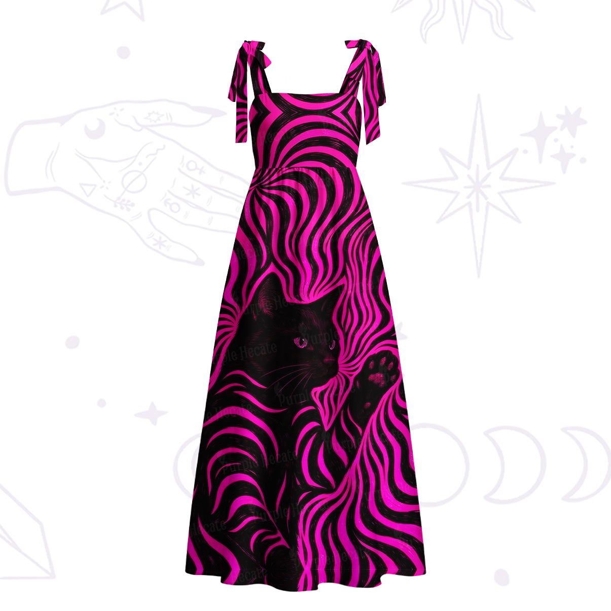 Purplehecate Psychedelic Cat Tie Shoulder Maxi Dress