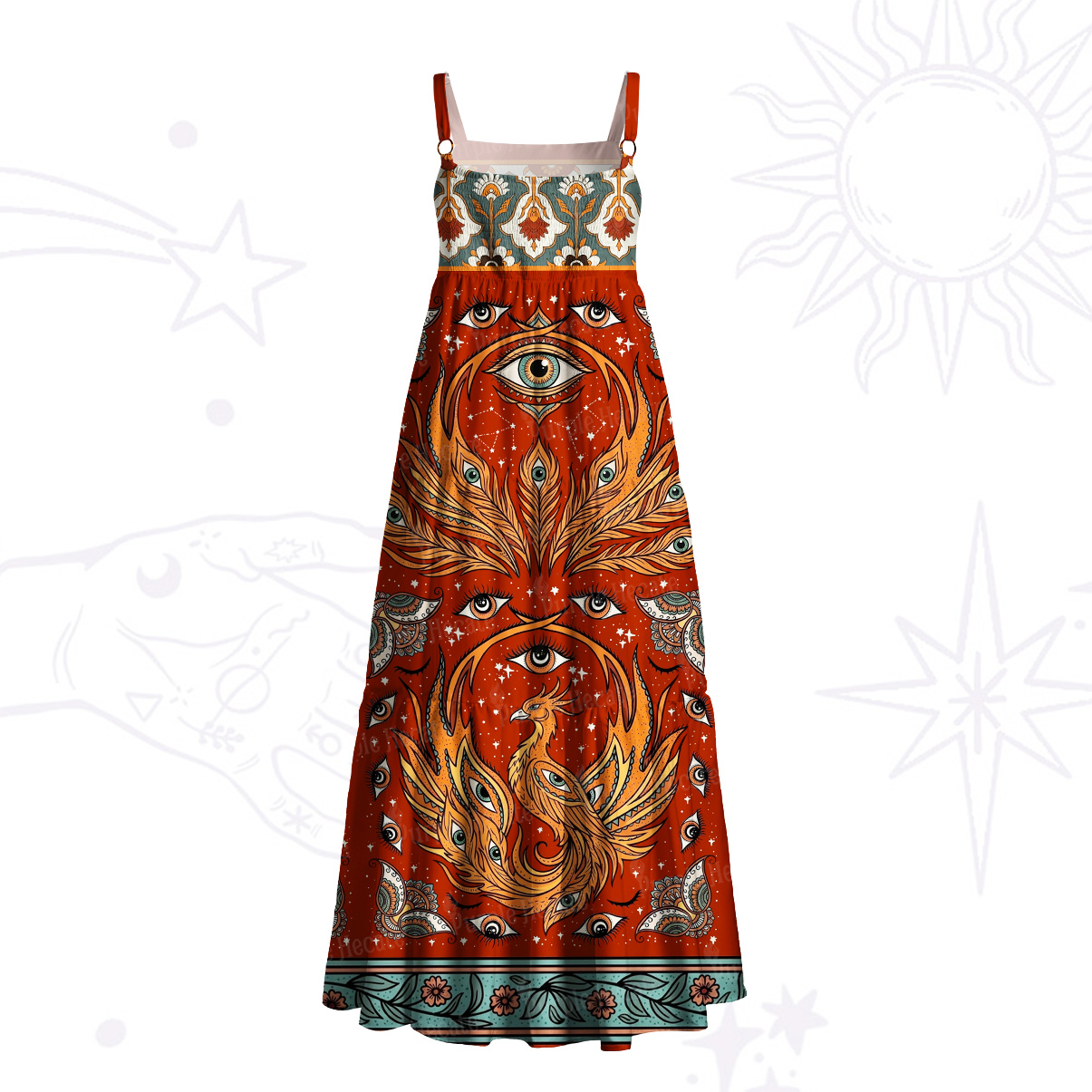 Purplehecate Rising Phoenix Eye Woven Throw Wide Straps Maxi Dress