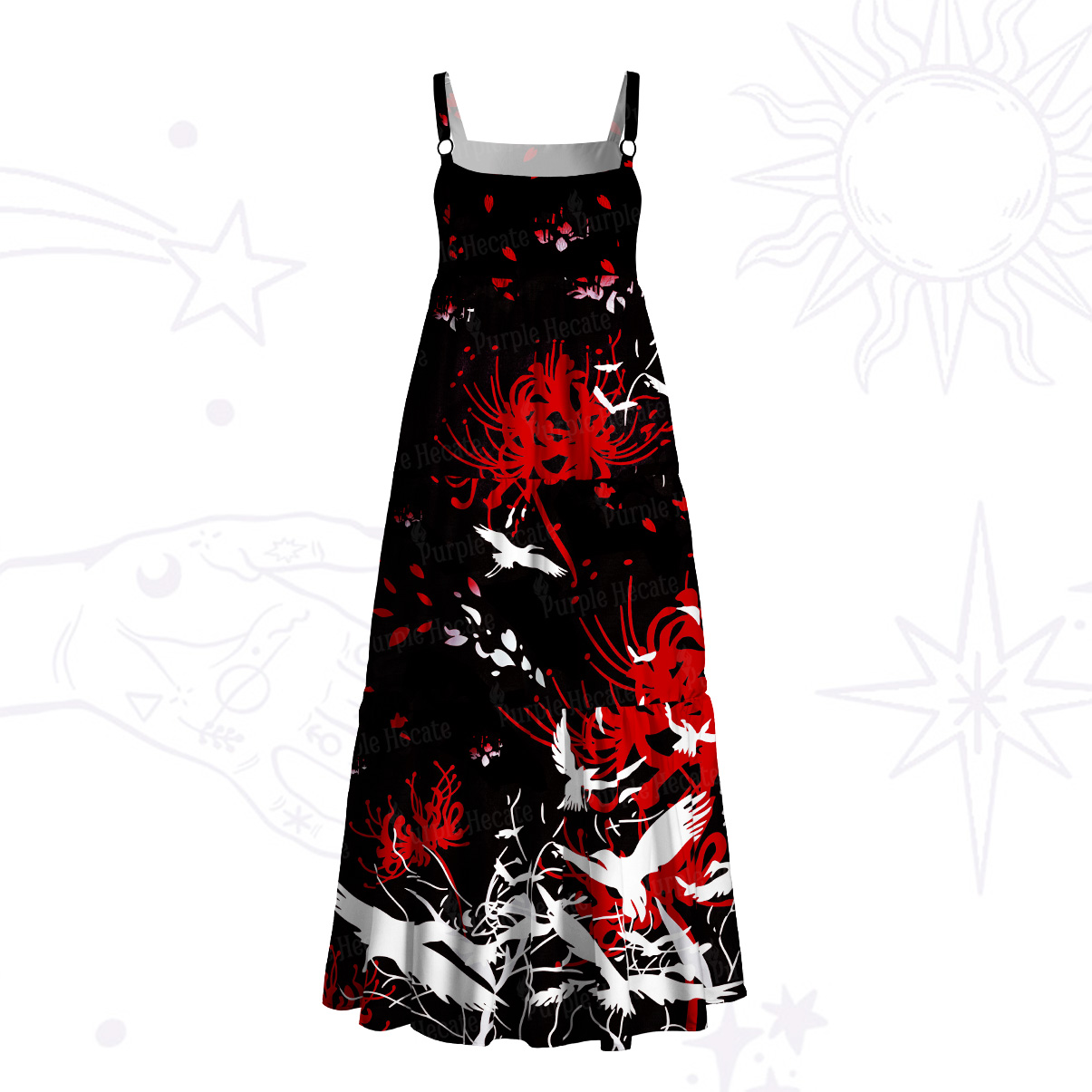 Purplehecate Midnight Higanbana Wide Straps Maxi Dress